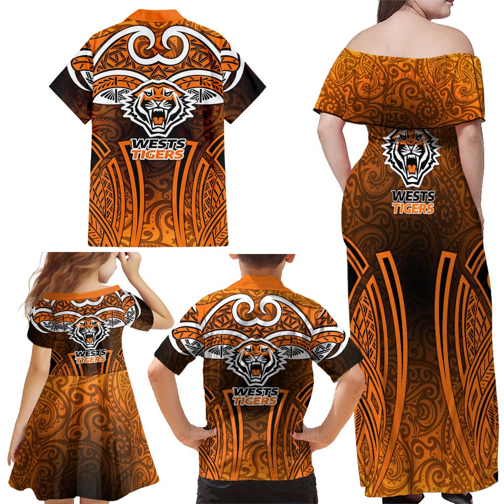 Wests Tigers Rugby Family Matching Off Shoulder Maxi Dress and Hawaiian Shirt Polynesian Tribal Tiger Warrior Orange Black Pattern