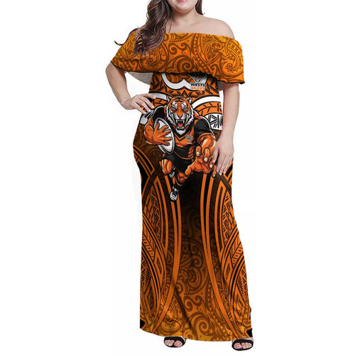 Wests Tigers Rugby Family Matching Off Shoulder Maxi Dress and Hawaiian Shirt Polynesian Tribal Tiger Warrior Orange Black Pattern