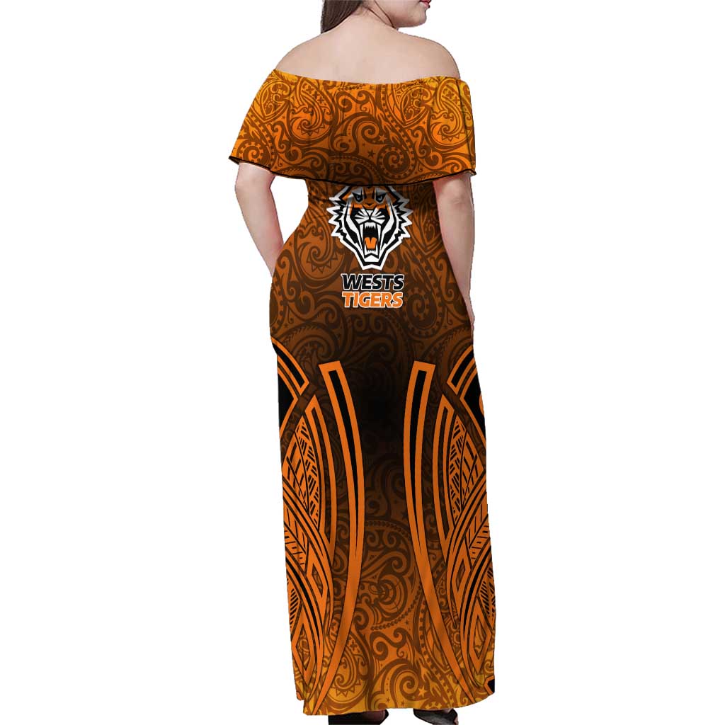 Wests Tigers Rugby Family Matching Off Shoulder Maxi Dress and Hawaiian Shirt Polynesian Tribal Tiger Warrior Orange Black Pattern