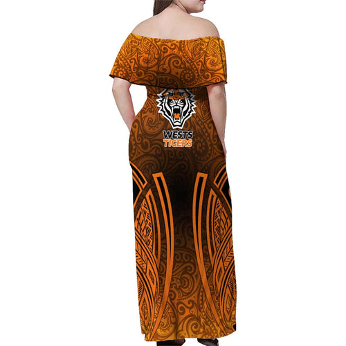 Wests Tigers Rugby Family Matching Off Shoulder Maxi Dress and Hawaiian Shirt Polynesian Tribal Tiger Warrior Orange Black Pattern
