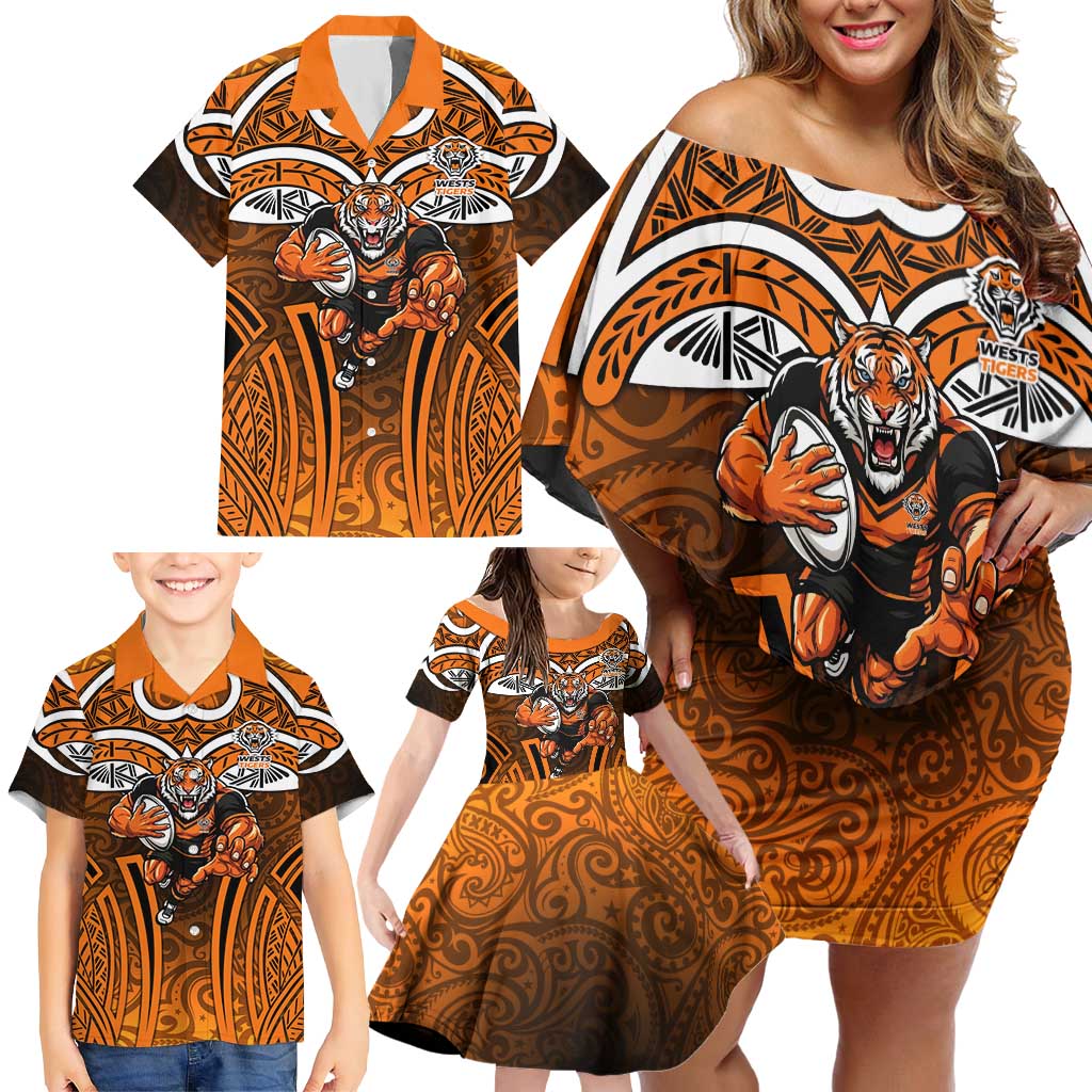 Wests Tigers Rugby Family Matching Off Shoulder Short Dress and Hawaiian Shirt Polynesian Tribal Tiger Warrior Orange Black Pattern