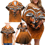 Wests Tigers Rugby Family Matching Off Shoulder Short Dress and Hawaiian Shirt Polynesian Tribal Tiger Warrior Orange Black Pattern