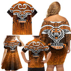 Wests Tigers Rugby Family Matching Off Shoulder Short Dress and Hawaiian Shirt Polynesian Tribal Tiger Warrior Orange Black Pattern