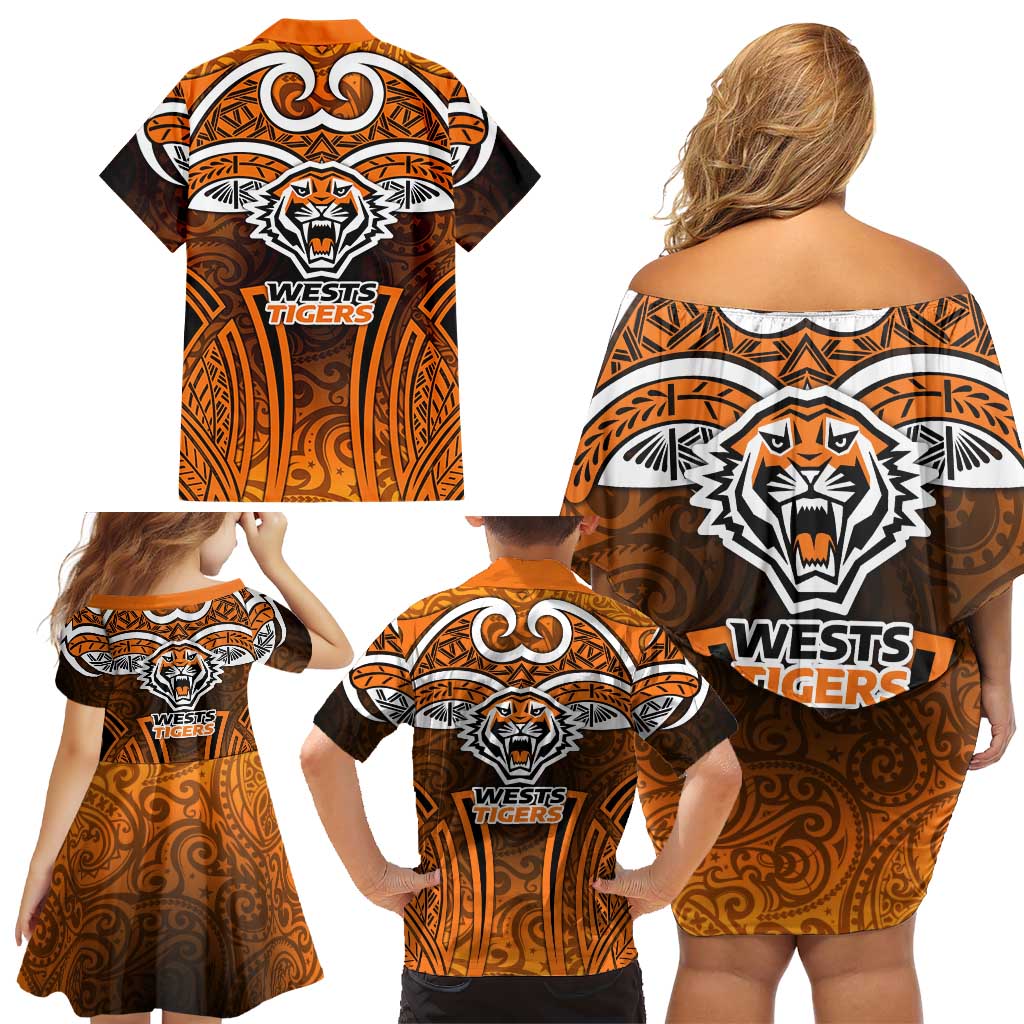 Wests Tigers Rugby Family Matching Off Shoulder Short Dress and Hawaiian Shirt Polynesian Tribal Tiger Warrior Orange Black Pattern
