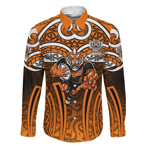 Wests Tigers Rugby Family Matching Off Shoulder Short Dress and Hawaiian Shirt Polynesian Tribal Tiger Warrior Orange Black Pattern