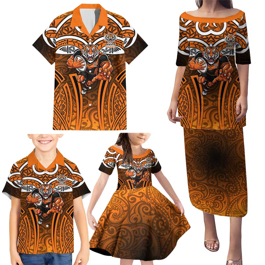 Wests Tigers Rugby Family Matching Puletasi and Hawaiian Shirt Polynesian Tribal Tiger Warrior Orange Black Pattern