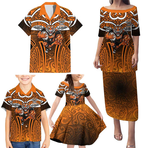 Wests Tigers Rugby Family Matching Puletasi and Hawaiian Shirt Polynesian Tribal Tiger Warrior Orange Black Pattern