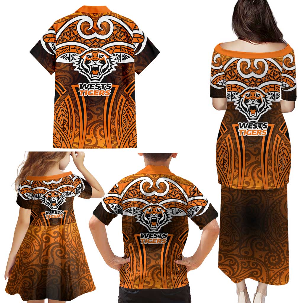 Wests Tigers Rugby Family Matching Puletasi and Hawaiian Shirt Polynesian Tribal Tiger Warrior Orange Black Pattern