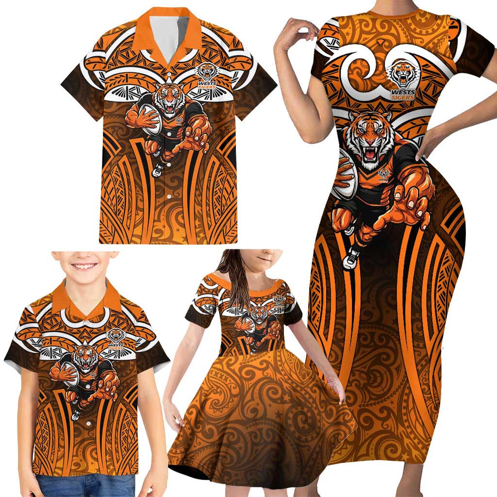 Wests Tigers Rugby Family Matching Short Sleeve Bodycon Dress and Hawaiian Shirt Polynesian Tribal Tiger Warrior Orange Black Pattern