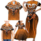 Wests Tigers Rugby Family Matching Short Sleeve Bodycon Dress and Hawaiian Shirt Polynesian Tribal Tiger Warrior Orange Black Pattern