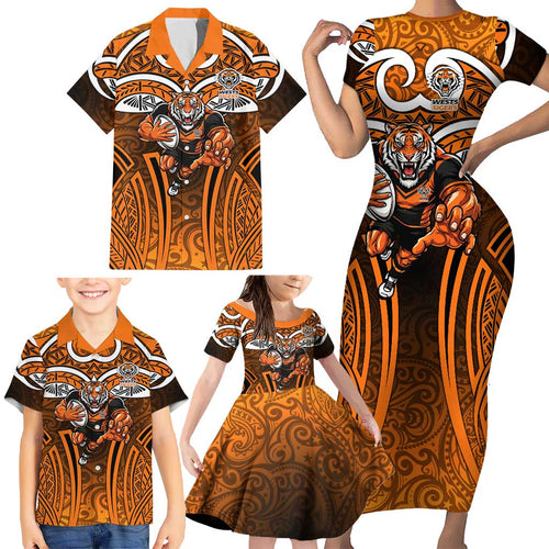 Wests Tigers Rugby Family Matching Short Sleeve Bodycon Dress and Hawaiian Shirt Polynesian Tribal Tiger Warrior Orange Black Pattern