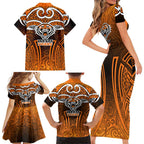Wests Tigers Rugby Family Matching Short Sleeve Bodycon Dress and Hawaiian Shirt Polynesian Tribal Tiger Warrior Orange Black Pattern