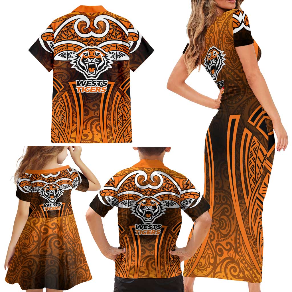 Wests Tigers Rugby Family Matching Short Sleeve Bodycon Dress and Hawaiian Shirt Polynesian Tribal Tiger Warrior Orange Black Pattern