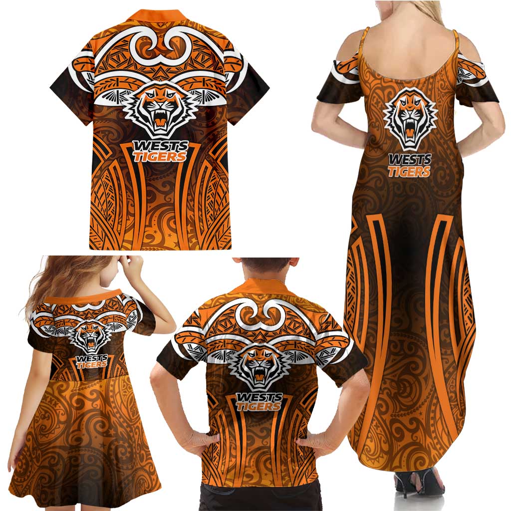 Wests Tigers Rugby Family Matching Summer Maxi Dress and Hawaiian Shirt Polynesian Tribal Tiger Warrior Orange Black Pattern