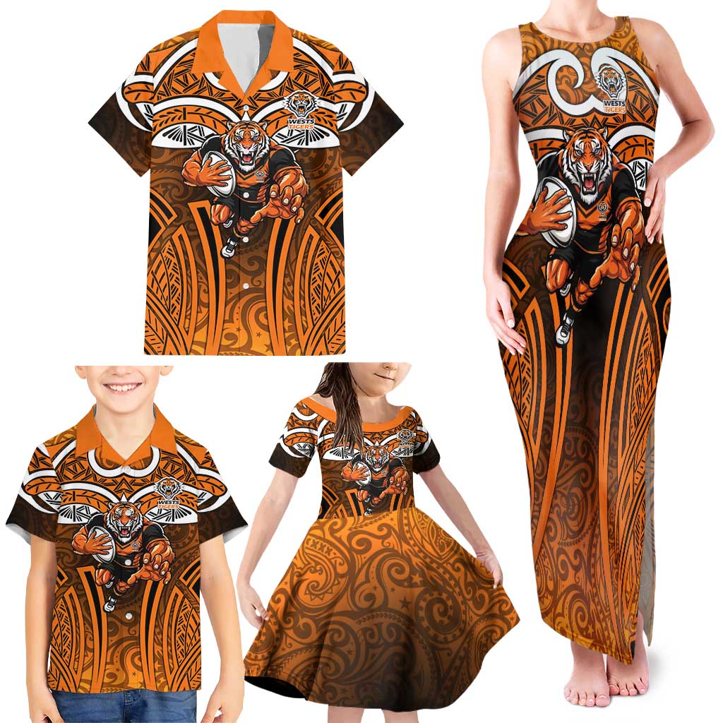 Wests Tigers Rugby Family Matching Tank Maxi Dress and Hawaiian Shirt Polynesian Tribal Tiger Warrior Orange Black Pattern