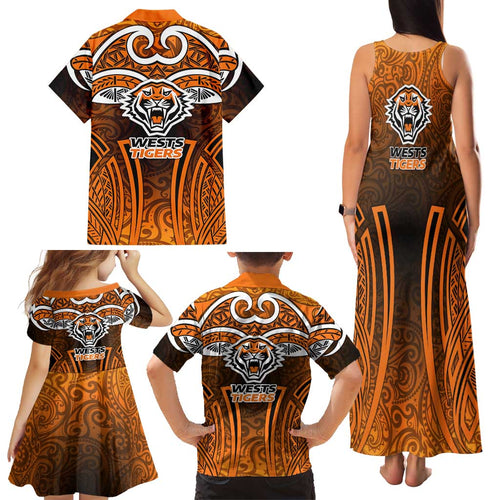 Wests Tigers Rugby Family Matching Tank Maxi Dress and Hawaiian Shirt Polynesian Tribal Tiger Warrior Orange Black Pattern