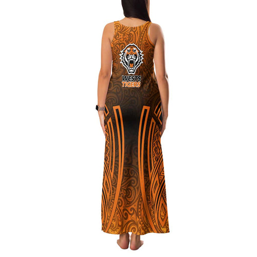 Wests Tigers Rugby Family Matching Tank Maxi Dress and Hawaiian Shirt Polynesian Tribal Tiger Warrior Orange Black Pattern
