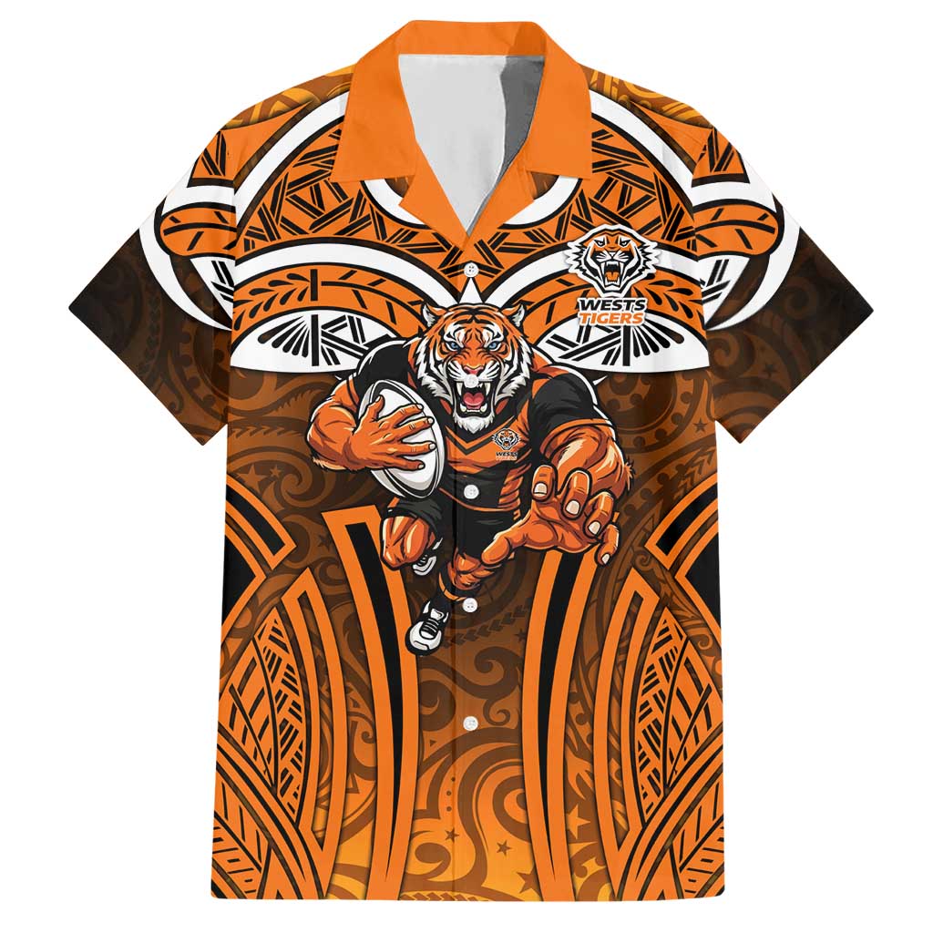 Wests Tigers Rugby Hawaiian Shirt Polynesian Tribal Tiger Warrior Orange Black Pattern
