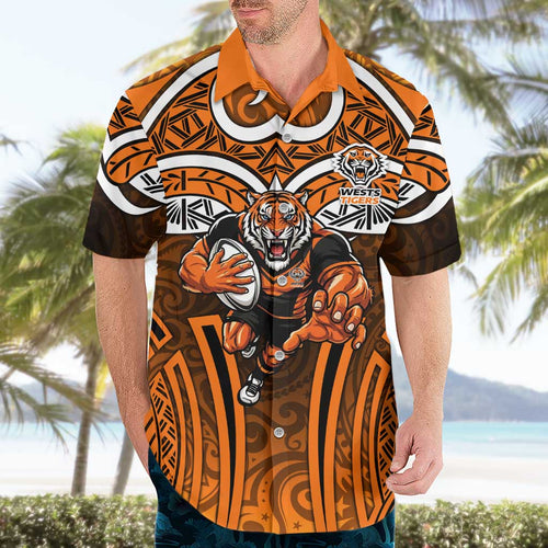 Wests Tigers Rugby Hawaiian Shirt Polynesian Tribal Tiger Warrior Orange Black Pattern