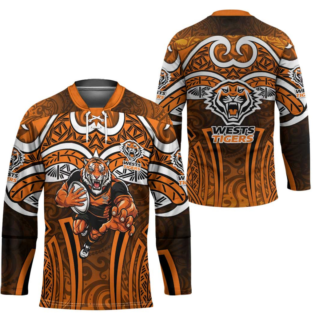 Wests Tigers Rugby Hockey Jersey Polynesian Tribal Tiger Warrior Orange Black Pattern