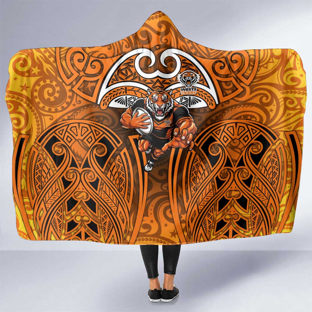 Wests Tigers Rugby Hooded Blanket Polynesian Tribal Tiger Warrior Orange Black Pattern