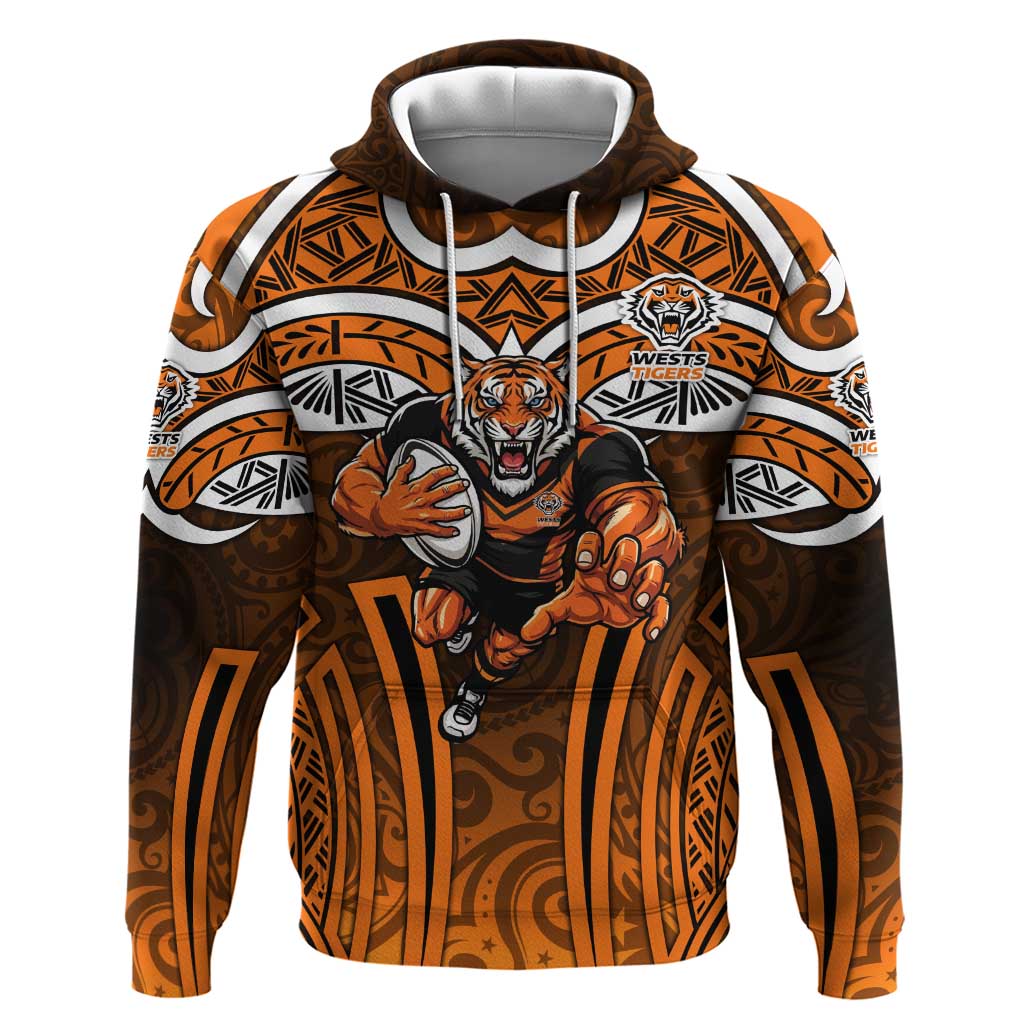 Wests Tigers Rugby Hoodie Polynesian Tribal Tiger Warrior Orange Black Pattern