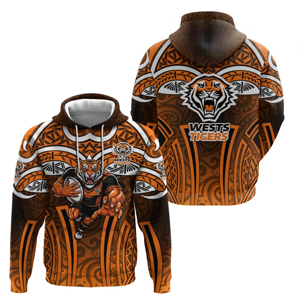 Wests Tigers Rugby Hoodie Polynesian Tribal Tiger Warrior Orange Black Pattern