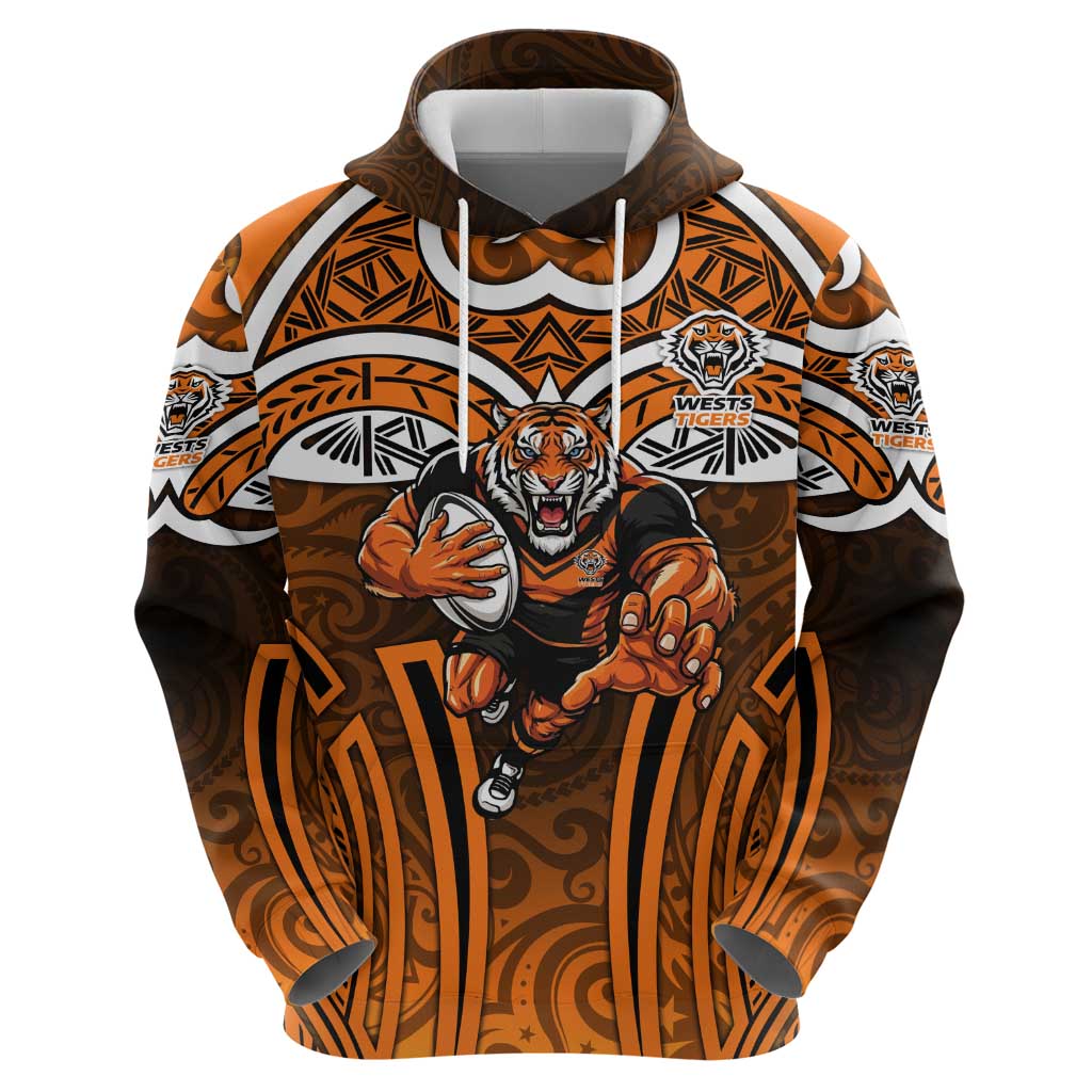 Wests Tigers Rugby Hoodie Polynesian Tribal Tiger Warrior Orange Black Pattern