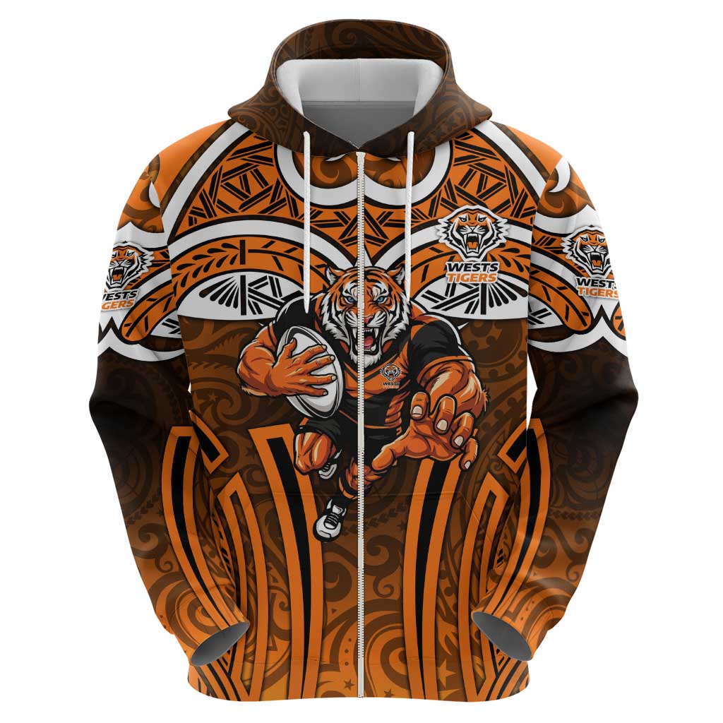 Wests Tigers Rugby Hoodie Polynesian Tribal Tiger Warrior Orange Black Pattern