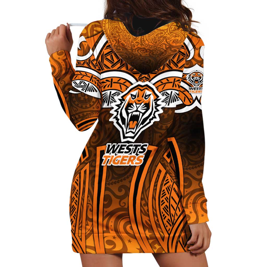 Wests Tigers Rugby Hoodie Dress Polynesian Tribal Tiger Warrior Orange Black Pattern