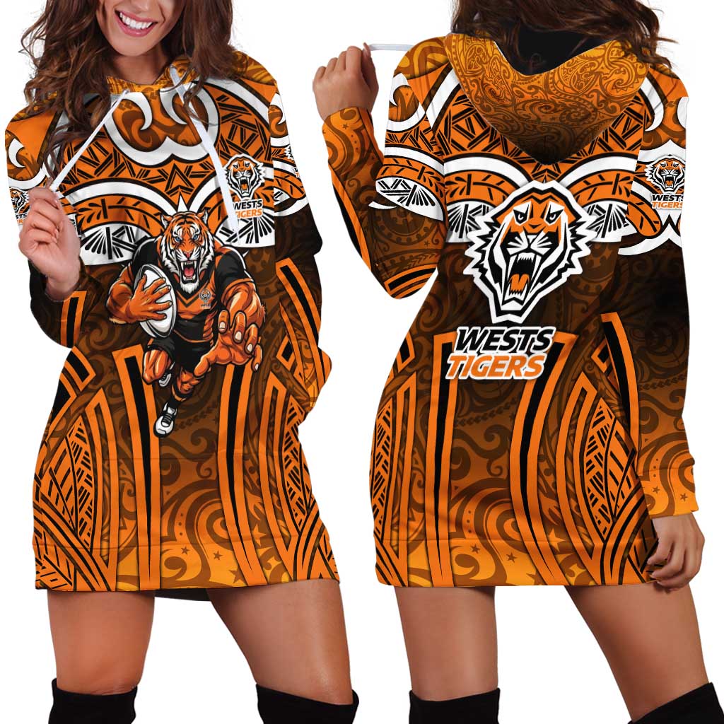 Wests Tigers Rugby Hoodie Dress Polynesian Tribal Tiger Warrior Orange Black Pattern