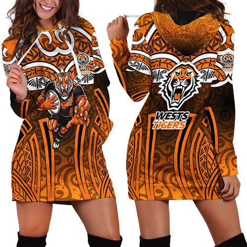 Wests Tigers Rugby Hoodie Dress Polynesian Tribal Tiger Warrior Orange Black Pattern