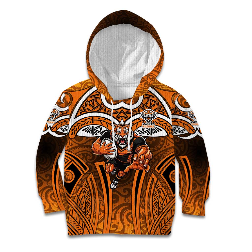 Wests Tigers Rugby Kid Hoodie Polynesian Tribal Tiger Warrior Orange Black Pattern