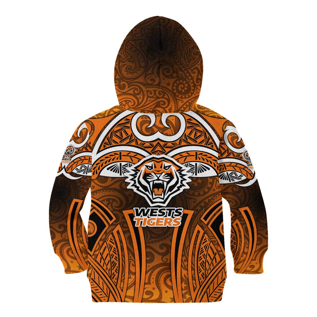 Wests Tigers Rugby Kid Hoodie Polynesian Tribal Tiger Warrior Orange Black Pattern