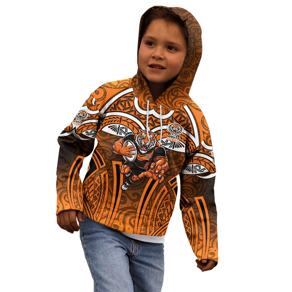 Wests Tigers Rugby Kid Hoodie Polynesian Tribal Tiger Warrior Orange Black Pattern