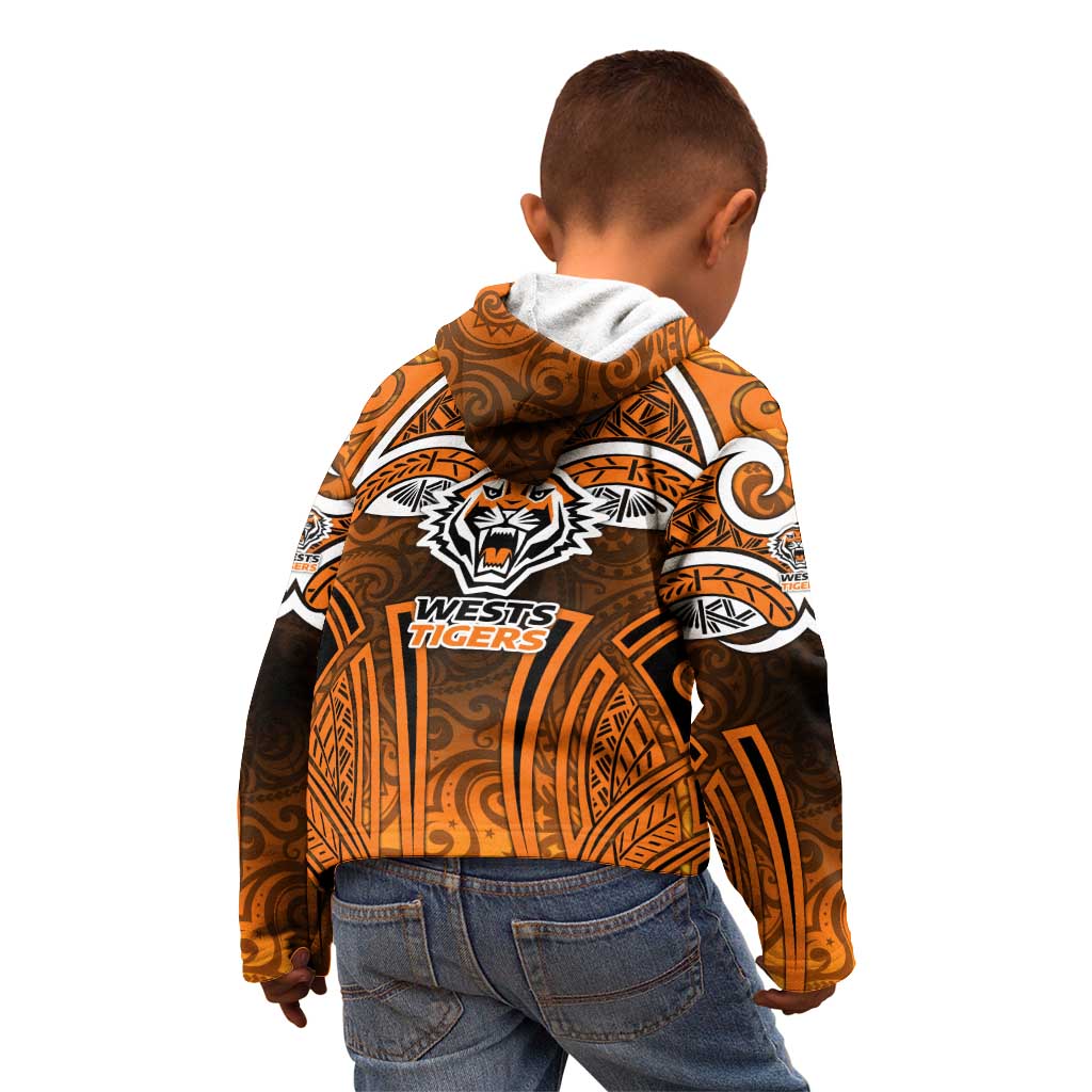 Wests Tigers Rugby Kid Hoodie Polynesian Tribal Tiger Warrior Orange Black Pattern