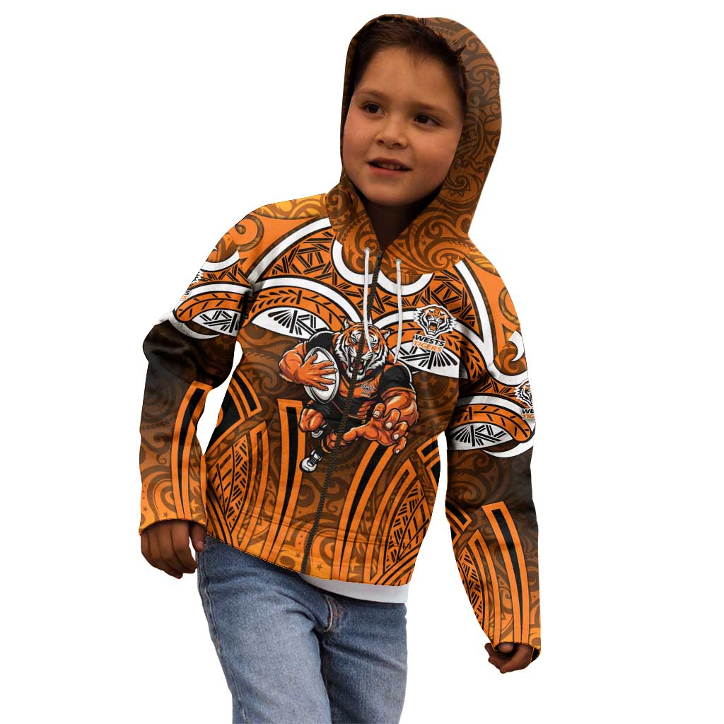 Wests Tigers Rugby Kid Hoodie Polynesian Tribal Tiger Warrior Orange Black Pattern