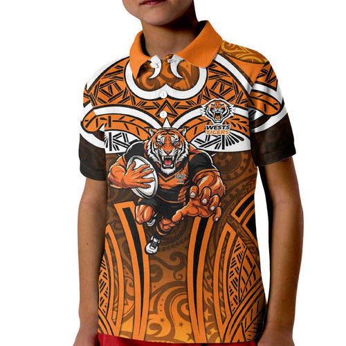 Wests Tigers Rugby Kid Polo Shirt Polynesian Tribal Tiger Warrior Orange Black Pattern