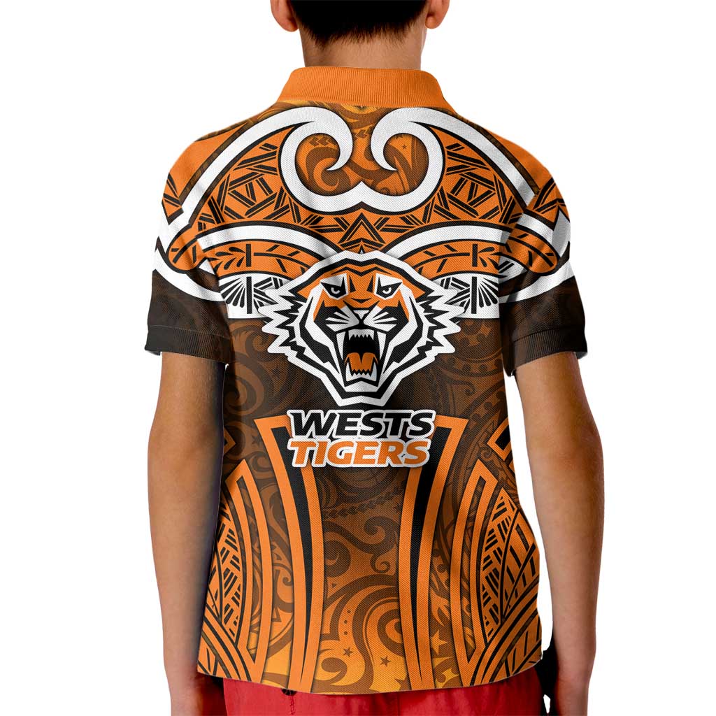 Wests Tigers Rugby Kid Polo Shirt Polynesian Tribal Tiger Warrior Orange Black Pattern