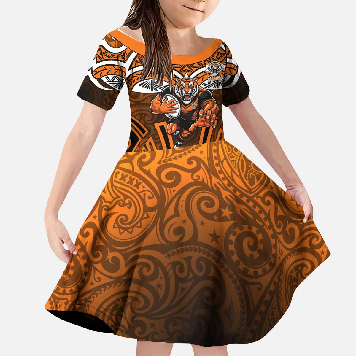 Wests Tigers Rugby Kid Short Sleeve Dress Polynesian Tribal Tiger Warrior Orange Black Pattern