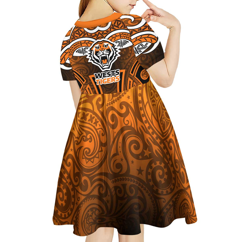 Wests Tigers Rugby Kid Short Sleeve Dress Polynesian Tribal Tiger Warrior Orange Black Pattern