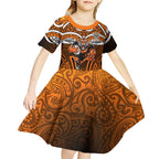 Wests Tigers Rugby Kid Short Sleeve Dress Polynesian Tribal Tiger Warrior Orange Black Pattern
