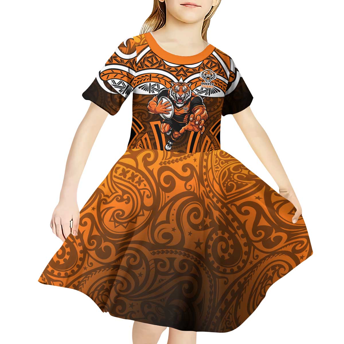 Wests Tigers Rugby Kid Short Sleeve Dress Polynesian Tribal Tiger Warrior Orange Black Pattern