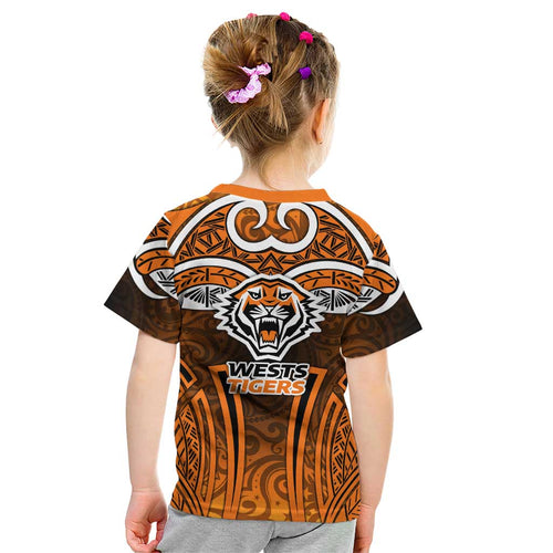 Wests Tigers Rugby Kid T Shirt Polynesian Tribal Tiger Warrior Orange Black Pattern