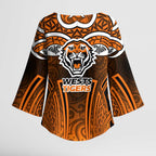 Wests Tigers Rugby Kimono Sleeve Blouse Polynesian Tribal Tiger Warrior Orange Black Pattern