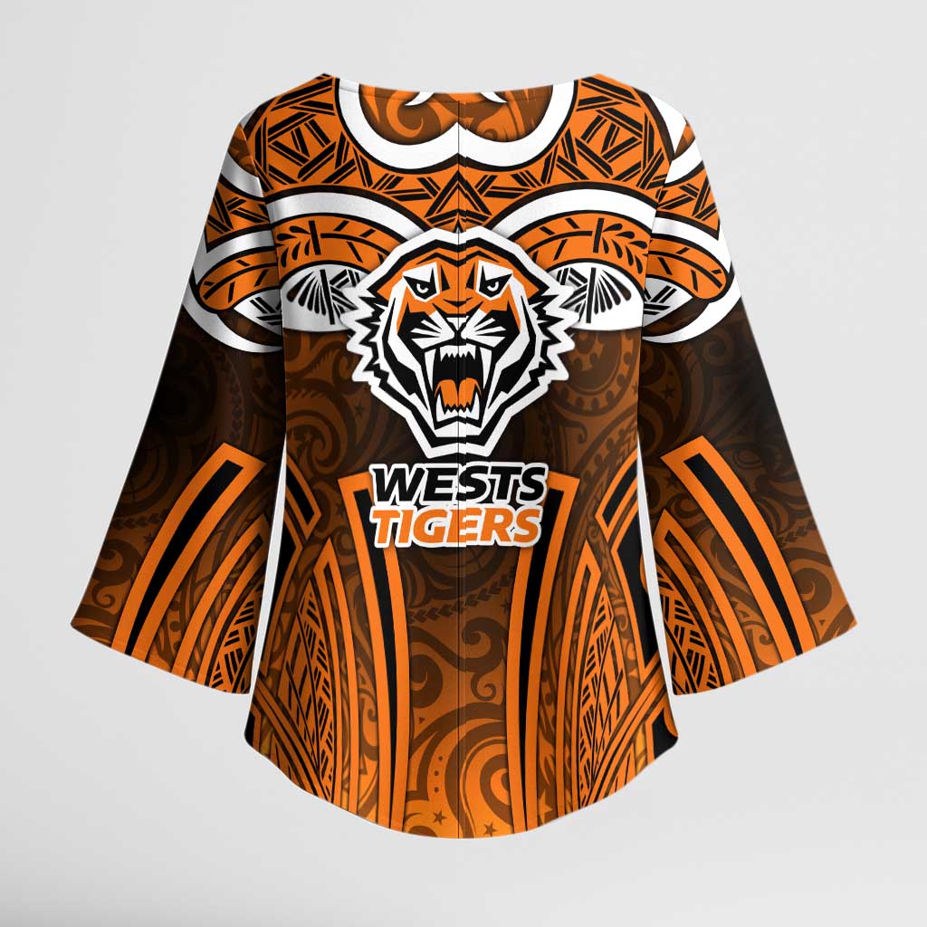 Wests Tigers Rugby Kimono Sleeve Blouse Polynesian Tribal Tiger Warrior Orange Black Pattern