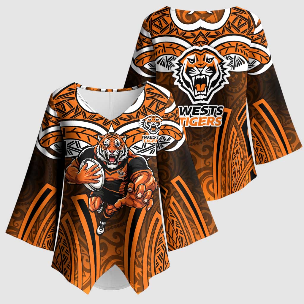 Wests Tigers Rugby Kimono Sleeve Blouse Polynesian Tribal Tiger Warrior Orange Black Pattern