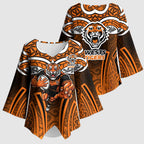 Wests Tigers Rugby Kimono Sleeve Blouse Polynesian Tribal Tiger Warrior Orange Black Pattern