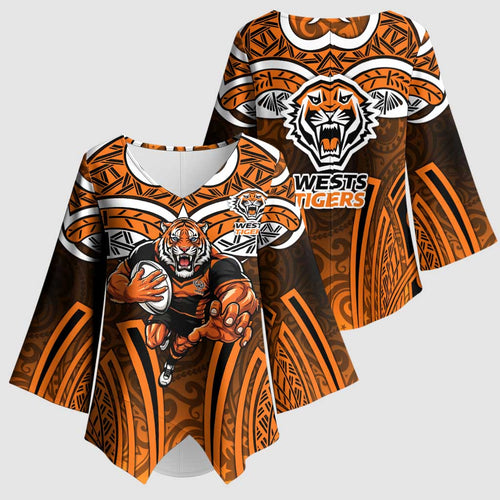 Wests Tigers Rugby Kimono Sleeve Blouse Polynesian Tribal Tiger Warrior Orange Black Pattern