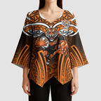 Wests Tigers Rugby Kimono Sleeve Blouse Polynesian Tribal Tiger Warrior Orange Black Pattern